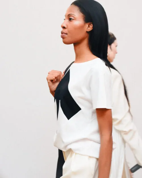 women`s Up-shirt WHITE with BLACK ARROW by Reet Aus